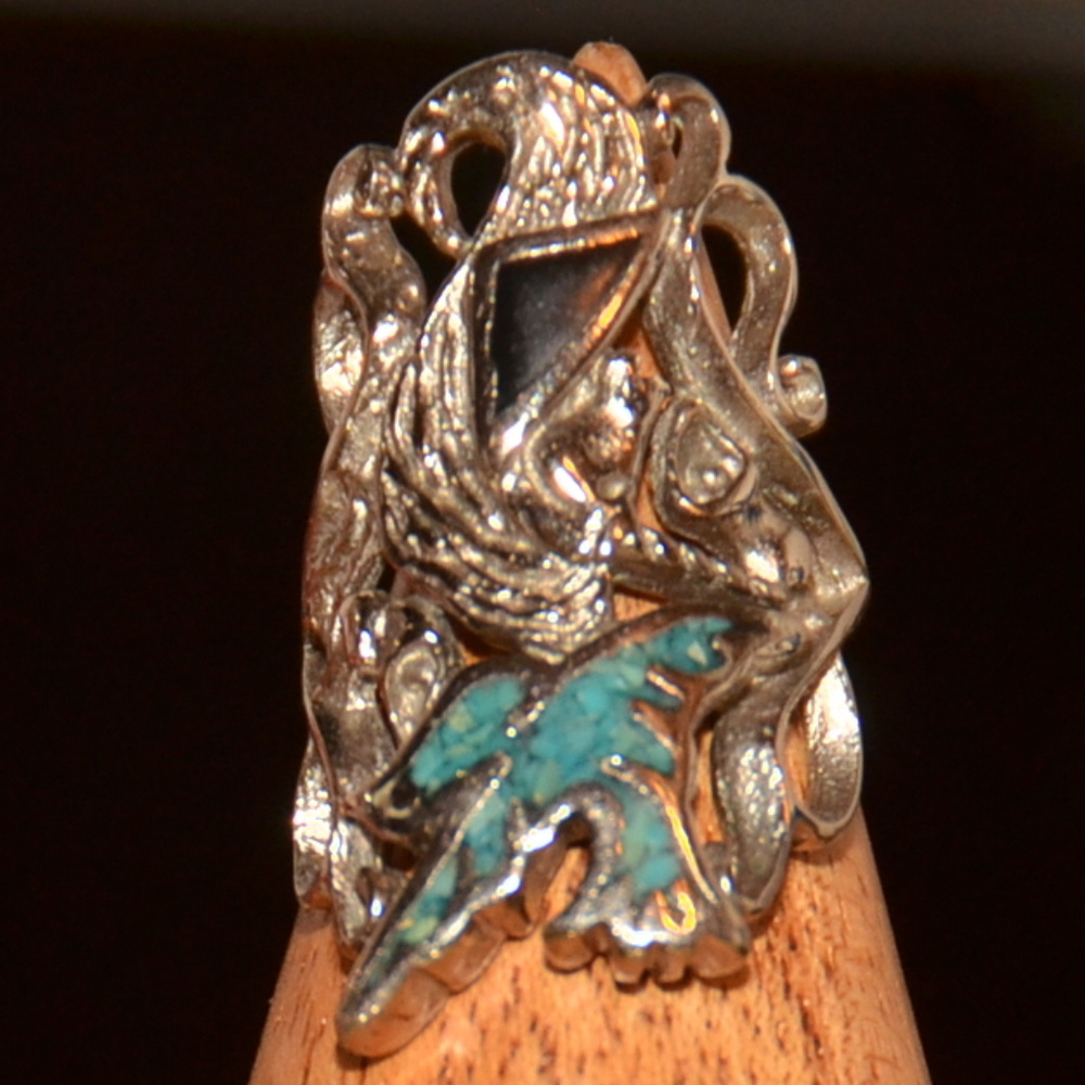 huge vintage silver G&S turquoise bird ring black